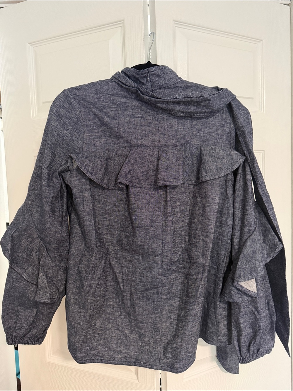 Zimmermann Blue Denim Puff-Sleeve Tie-Neck Blouse - Picture 2 of 4